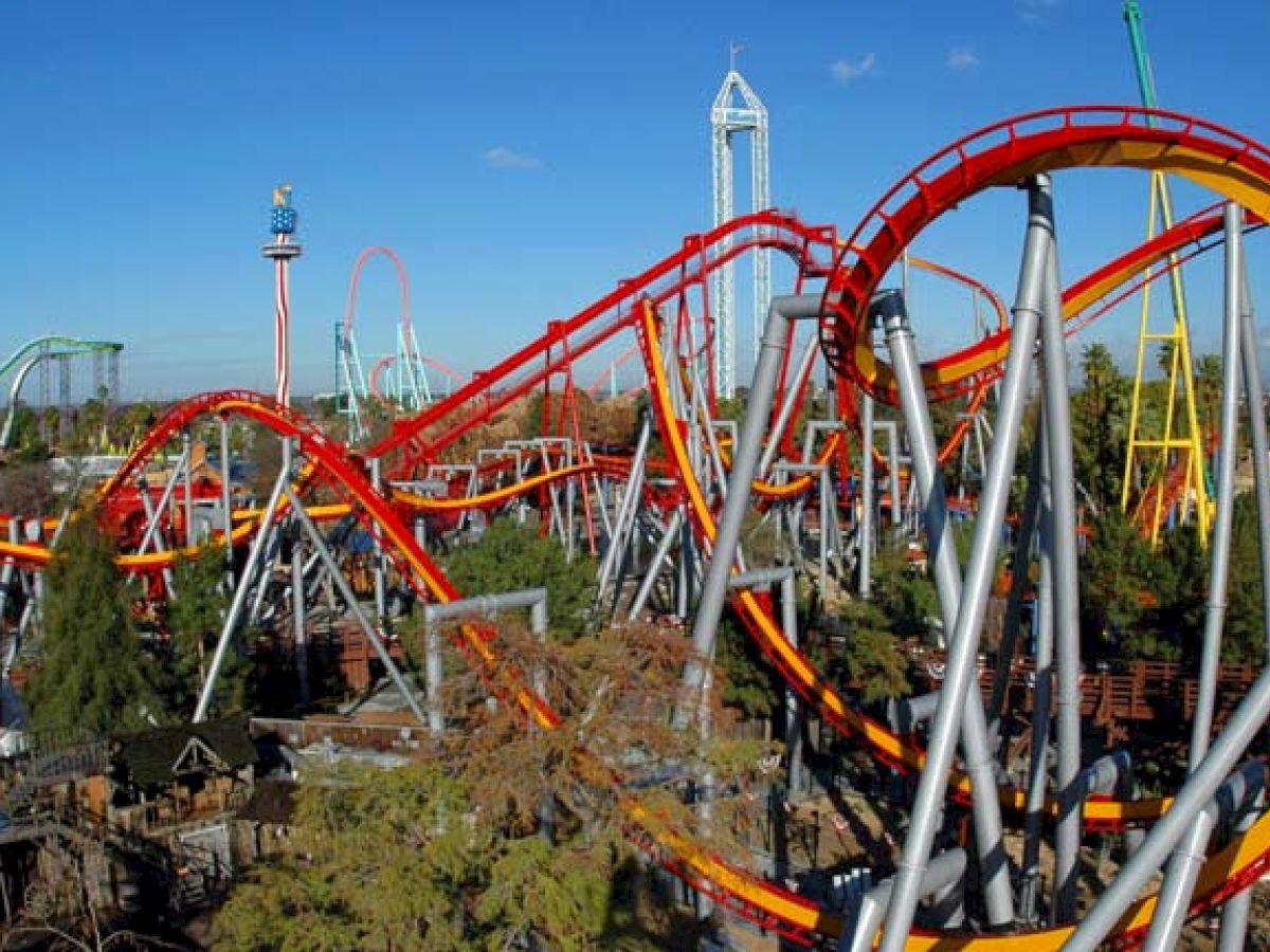 The image shows a colorful, large roller coaster with numerous loops and turns in an amusement park setting, surrounded by trees and other rides.