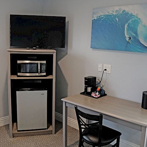 A compact room corner has a TV, microwave, mini-fridge, coffee maker, desk, chair, and ocean wave wall art.