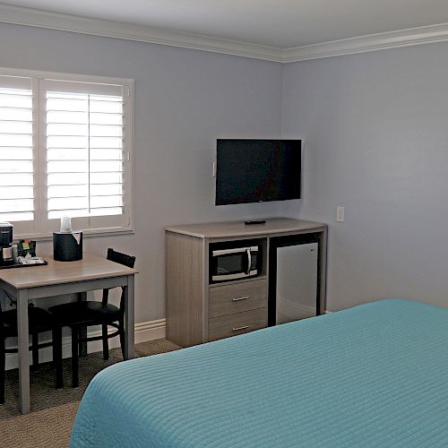 This image shows a hotel room with light blue bedding, a small table with chairs, a TV on a cabinet, a window, and a mirrored closet.