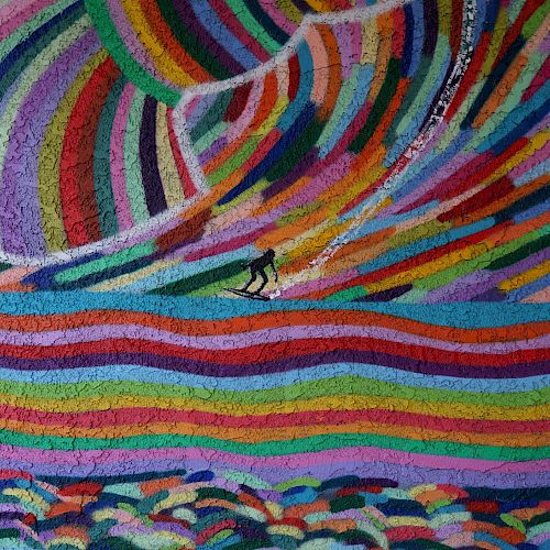 A colorful mural depicts a person surfing on a wave made up of multicolored stripes with a vibrant background.