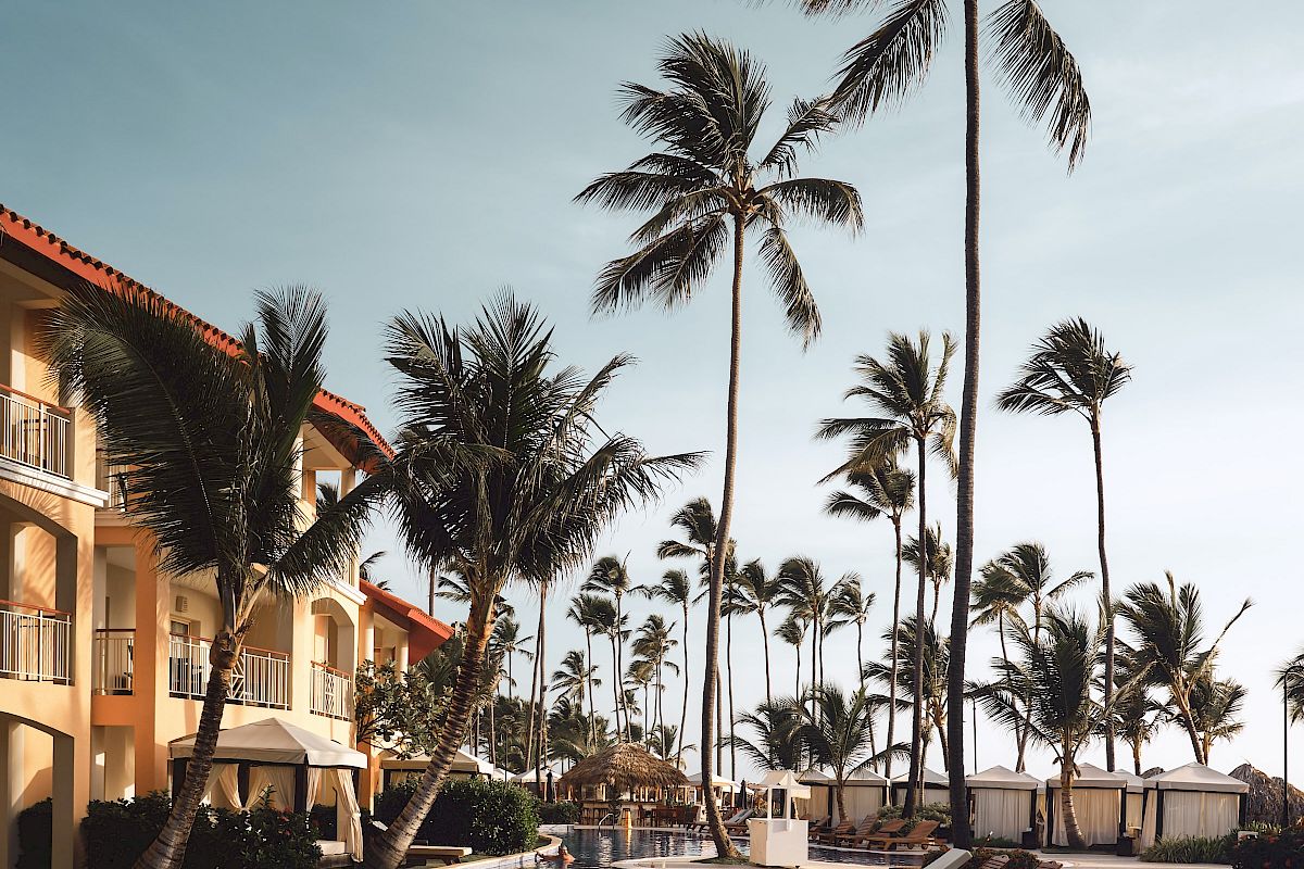 A tranquil poolside scene with lounge chairs, tall palm trees, and a multi-story building under a clear sky completes the relaxing setting.